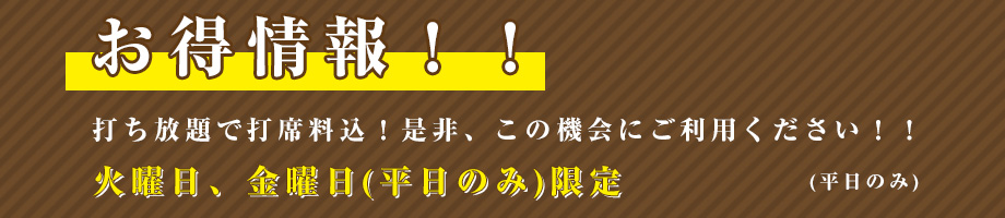 お得情報！！
打ち放題で打席料込！是非、この機会にご利用ください！！
火曜日、金曜日(平日のみ)限定
(平日のみ)